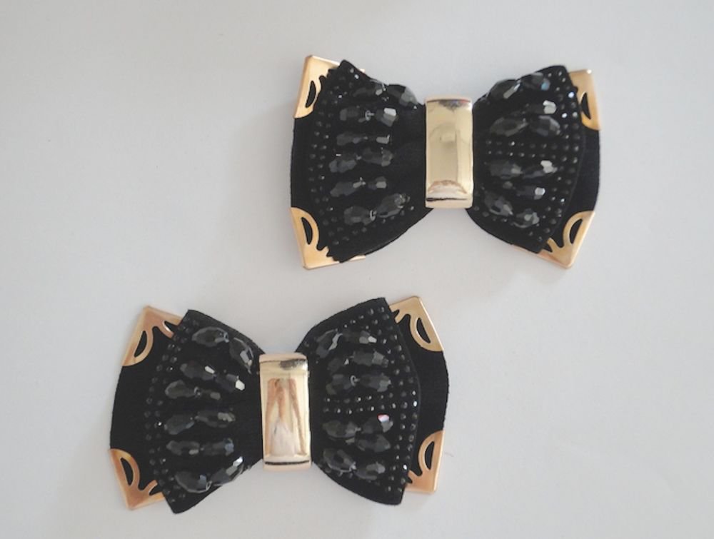 Elegant Black Ribbon Beaded Bow Black Butterfly HighHeel Shoe Clips CA