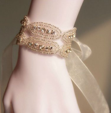 RHINESTONE APPLIQUE OVAL BRACELET WITH WHITE ORGANZA RIBBON