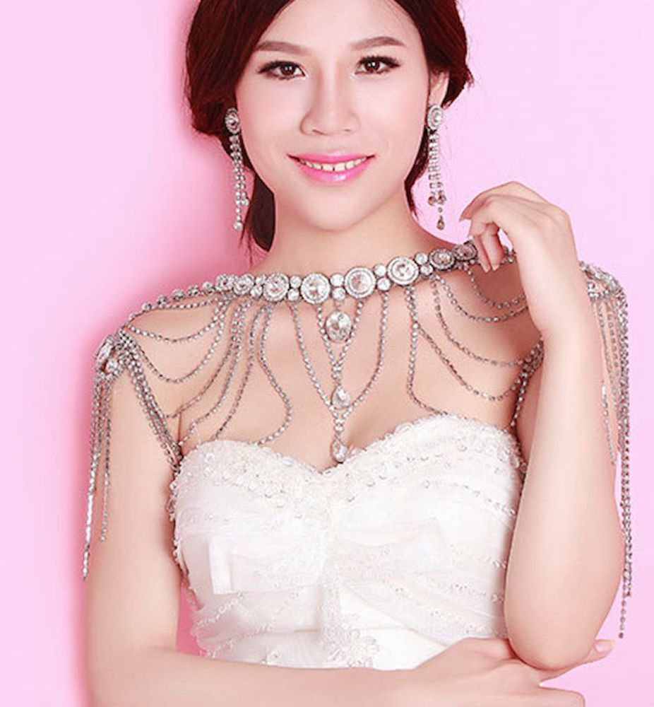 Wedding Bridal Crystal Rhinestone Earrings Shoulder Chain Necklace Jewelry Set