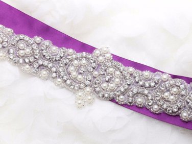 Heart Beaded Rhinestone Crystal Faux Pearl Wedding Bridal Long Sash Applique