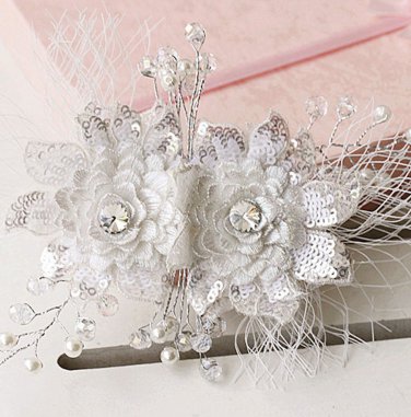 Wedding Bridal Faux Pearl Crystal Lace Net Sequin Flower Hair Clip Headpiece