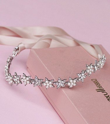 Bridal Wedding Pearl Star Rhinestone Crystal Hair Ribbon Headband Headpiece