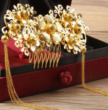 Wedding Bridal Gold Tone Flower Metal Copper Tassel Hair Comb Headpiece