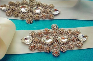 TEARDROP CRYSTAL RHINESTONE WEDDING IVORY RIBBON APPLIQUE SASH BELT -CA