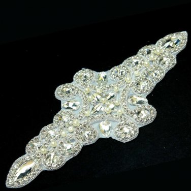 10.8" Faux Pearl Beaded Crystal Rhinestone Wedding Bridal Rhbbon Sash Applique