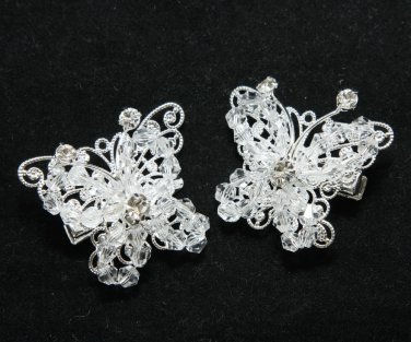Vintage Cute Butterfly Acrylic Beaded Rhinestone Wedding Bridal Hair Clips Pair
