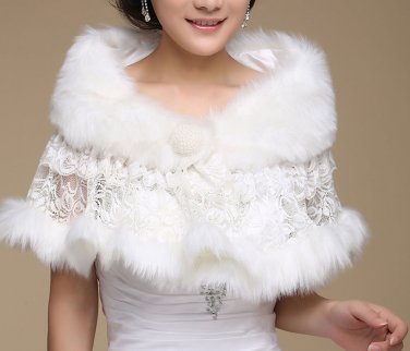 Off White Layers Flower Lace Faux Fur Bridal Wedding Cape Shrug Bolero Wrap