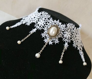 White Lace Applique Ivory Oval Faux Pearl Pendant Goth Evening Dress Necklace