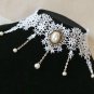 White Lace Applique Ivory Oval Faux Pearl Pendant Goth Evening Dress Necklace