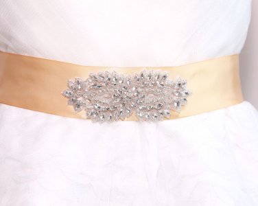 Bridal Wedding Art Deco Classic Rhinestone Crystal Ribbon Satin Sash Dress Belt