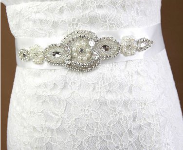 Wedding Crystal Rhinestone Pearl White/Ivory/Black Satin Ribbon Sash Belt -CA