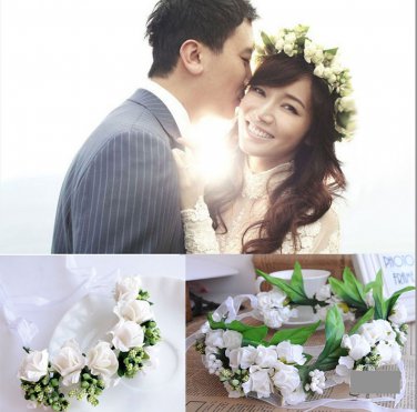 BOHO Wedding Bridal White Flower Green Leaves Circlets Hair Ring & Bracelet Set