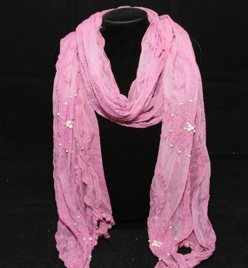 ROSE PINK LACE FAUX PEARL CROCHET FLORAL CROCHET WRAP SHAWL STOLE SCARF