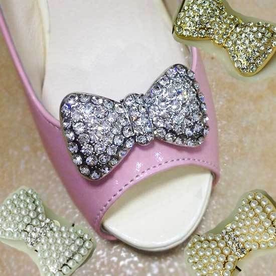Rhinestone Crystal Pearl Silver Gold Bow Wedding Bridal High Heel Shoe Clips