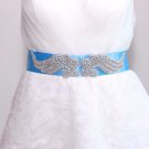 Bridal Wedding Beaded Applique Rhinestone Crystals Color Blue Satin Sash Belt