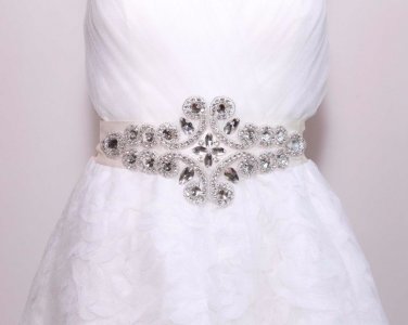 Wedding Large Vintage Beaded Rhinestone Crystal Ribbon Satin Sash Dress Belt