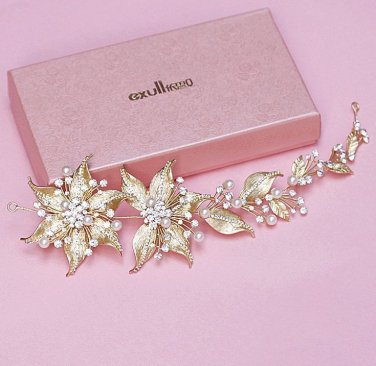 Gold Faux Pearl Lily Flower Leaves Wedding Vine Crystal Forehead Princess Tiara