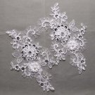 Off White Wedding Sequin Pearl Flower Floral Embroidered Lace Applique Pair