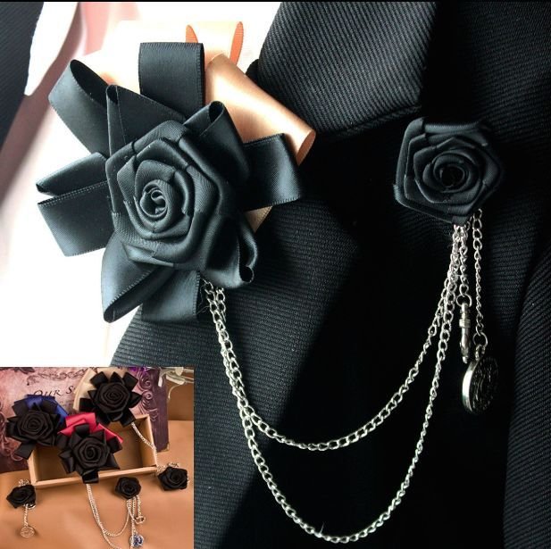Handmade Mens Smart Ribbon Black Color Chain Tuxedo Brooch Pin Accessory