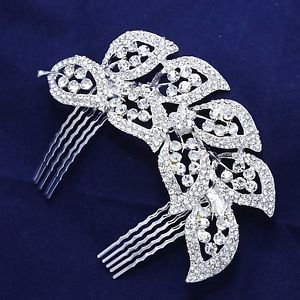 Wedding Bridal Leaf Feather Rhinestone Crystal Vintage Style Silver Tone Comb