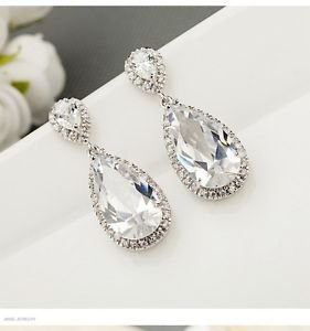 Wedding Bridal Teardrop Cubic Zirconia Platinum Plated Dangle Stud Earrings