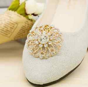 Gold Tone Flower Rhinestone Crystal Wedding Shoe Charm Clips Decoration Pair