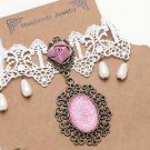 Pink Rose Drop Dangle Pearls Off White Lace Pendant Choker Necklace