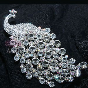 Large Wedding Bridal Aurora Rhinestone Crystal Peacock Brooch Pin