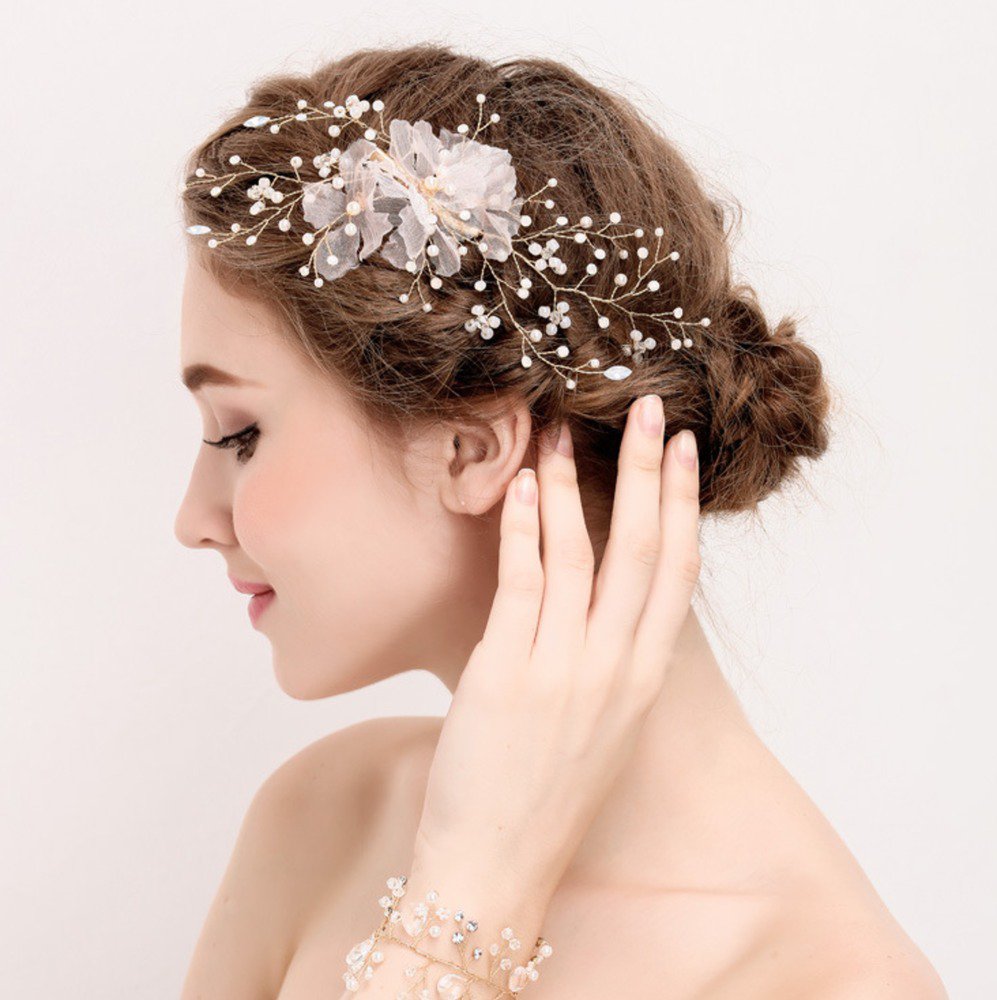 Bridal Organza Flower Pearls Wedding Headpiece Gold Hair Tiara Clip Jewelry