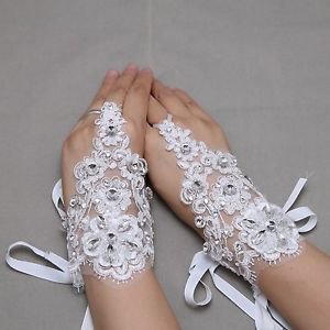 Off White Bridal Accessories Rhinestone Crystal Flower Wedding Fingerless Gloves