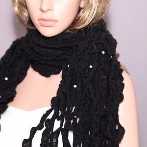 Fashion Women Ladies Pearl Black Acrylic Wool Winter Scarf Shawl