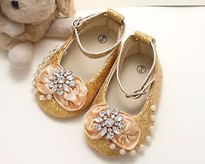 Rhinestone Crystal Infant Newborn 6-12 months Baby Girl Gold Flower Shoes