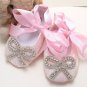 Infant Newborn 6-12 months Baby Girl Pink Flower Lace Crystal Bow Ties Shoes