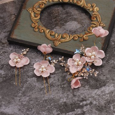 Wedding Bridal Red Pink Cream White Star Flower Pearl Tiara Pin Sticks Set