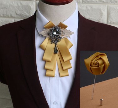 2 Items - Set of Wedding Men Pre Tied Gold Bow Tie Rose Boutonniere Brooch Pin