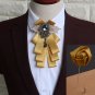 2 Items - Set of Wedding Men Pre Tied Gold Bow Tie Rose Boutonniere Brooch Pin