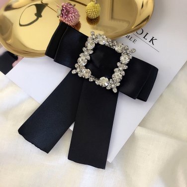 Crystal Rhinestone Velvet Or Satin Pre Tied Black Bow Brooch Pin