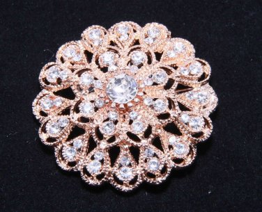 Rose Gold Champagne Tone Rhinestone Crystal Flower Wedding Cake Sash Brooch Pin
