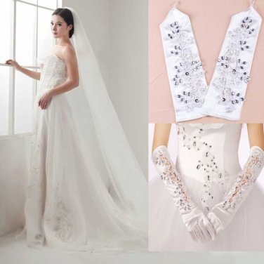 Off White 1 Tier Wedding Net Tulle Cathedral Veil Comb & Crystal Gloves Set