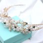 Flower Gold Tone Pearl Green Rhinestone Crystal Headband Tiara Hair Jewelry