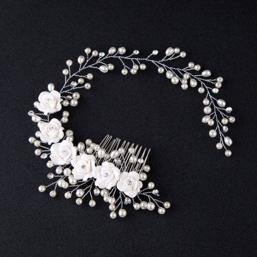 Wedding Vintage Rose Flower Faux Pearl Vine Headpiece Comb Hair Piece