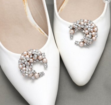 Vintage Style Rhinestones Crystal Wedding Bridal Pink Pearl Shoe Clips Pair