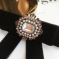 Black Red Vintage Pearl Ladies Men Pre Tied Velvet Bow Brooch Pin Or Tie String