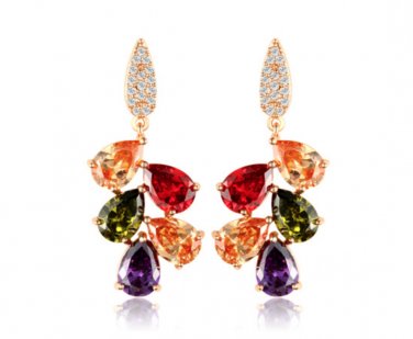 Multi Color Cubic Zirconia Zircon Crystal Gold Tone Wedding Teardrop Earrings