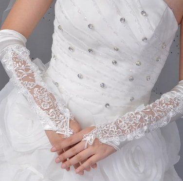 Ivory Sequin Flower Fingerless Lace Wedding Accessories Elbow Gloves