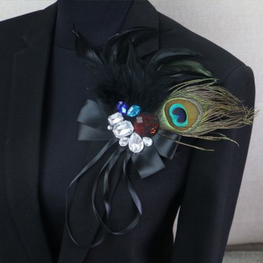 Wedding Bridal Lady Mens Party Peacock Feather Corsage Brooch Pin
