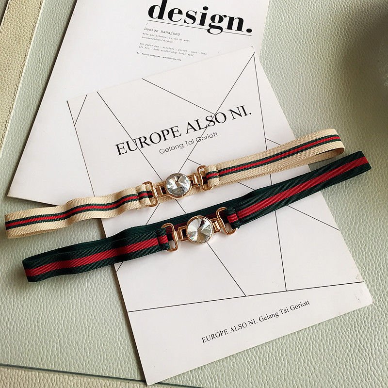 Crystal Clasp Women Fashion Khaki Red Green Grosgrain Elastic Belt