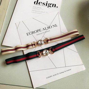 Crystal Clasp Women Fashion Khaki Red Green Grosgrain Elastic Belt