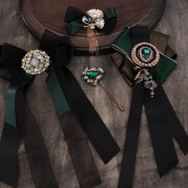 Green Crystal Rhinestone Women Pre Tied Black Bow Tie Neck Tie Brooch Pin