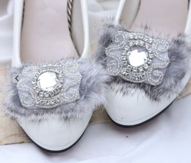 2 pcs -Rhinestone Crystal Applique Grey Fur Trim Handmade Shoe Clips